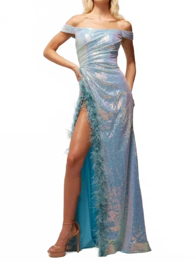 Vienna Prom High Slit Feathers Off-the-shoulder Long Party Dress In Frost Blue