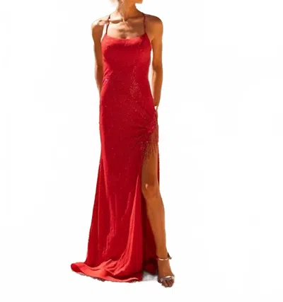 Vienna Prom Lace-up Back Fringe Detail Maxi Dress In Red