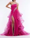 Vienna Prom One Shoulder Detail And Flowy Overskirt Gown In Fuchsia In Pink