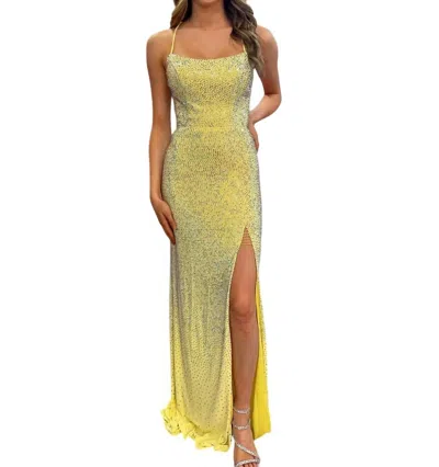 Vienna Prom Rhinestone Long Dress With High Slit In Yellow