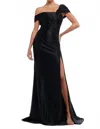 Vienna Prom Ruched Satin Off-the-shoulder Long Gown In Black In Black