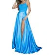 Vienna Prom Scoop Neck Beaded Bodice Gown With Slit In Aqua
