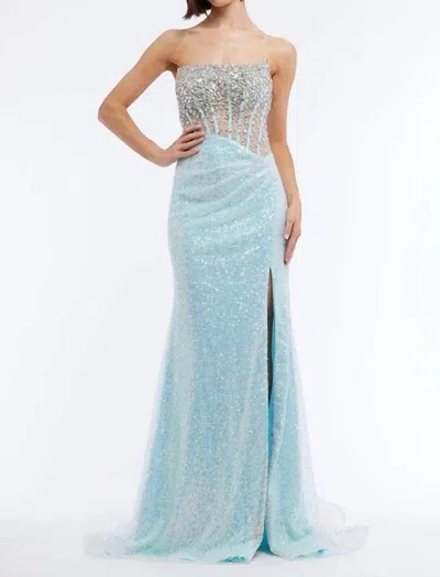 Vienna Prom Sheer Corset High Slit Long Dress In Blue