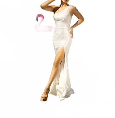Vienna Prom Stunning Rhinestone Long Gown In White In Beige