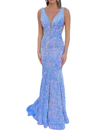 Vienna Prom Velvet Sequins Backless Prom Dress In Aqua In Blue