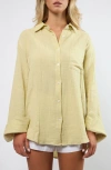 Viens Avec Moi Resort Crinkle Cotton Button-up Shirt In Yellow