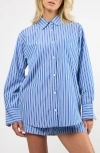 Viens Avec Moi Seaside Stripe Cotton Blend Button-up Shirt In Blue