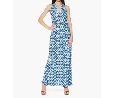 Viereck Maxi-length V-neck Microfiber Sleeveless Dress In Fortune (bright Blue Vertical Diamond Pattern)