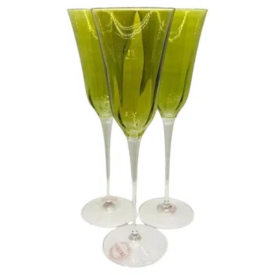 Pre-owned Vietri Italian Crystal Green Champagne Flutes By  - Set Of 3