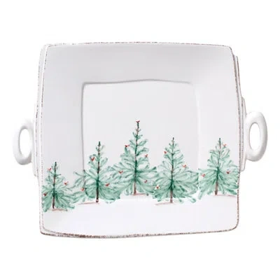 Vietri Lastra Holiday Handled Square Platter In White;green;red