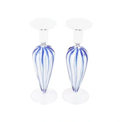 Vietri Nuovo Stripe Candlesticks - Set Of 2 In Blue,clear