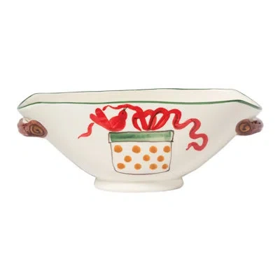 Vietri Old St. Nick Handled Oval Bowl With Presents In White;red
