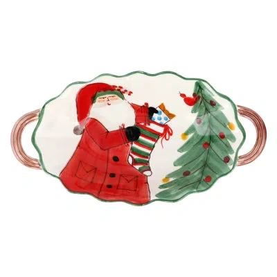 Vietri Old St. Nick Handled Scalloped Oval Bowl In White,red,green,brown