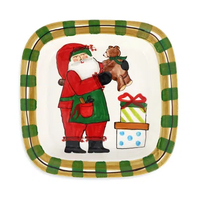 Vietri Old St. Nick Small Rimmed Square Platter With Teddy Bear In Red