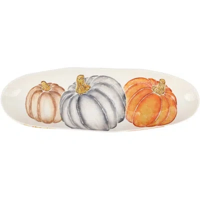 Vietri Pumpkins Narrow Oval Platter In White;gray;orange