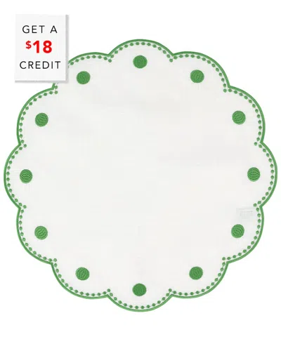 Vietri Tessuti Set Of 4 Round White Linen Placemats With Green Dot Embroidery