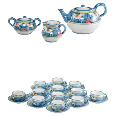Pre-owned Vietri Solimene , 'decoro Campagna' Hand Painted Italian Pottery Tea Set For 12 In Gray