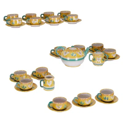 Pre-owned Vietri Solimene , 'decoro Campagna' Hand Painted Italian Pottery Tea Set For 16 In Brown
