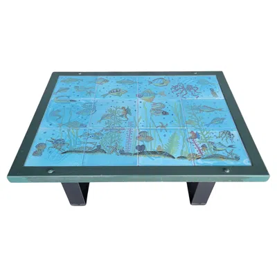Pre-owned Vietri Tile Top Coffee Table Undersea Or Fish Tank Nautical Theme In Brown