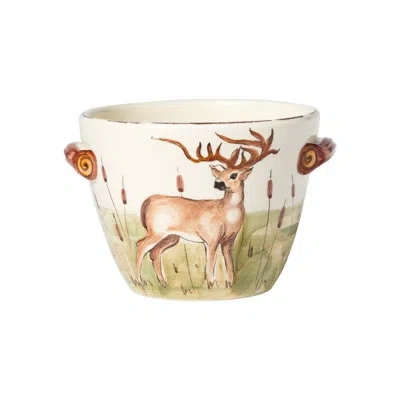Vietri Wildlife Deer Handled Deep Serving Bowl In Brown;white;green