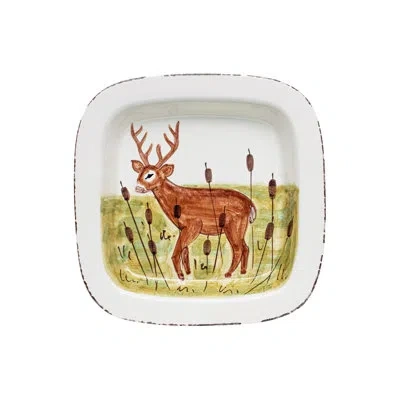 Vietri Wildlife Deer Rimmed Square Platter In Brown,white,green