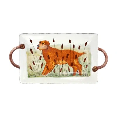 Vietri Wildlife Hunting Dog Handled Rectangular Platter In Brown;white;orange