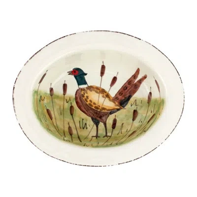 Vietri Wildlife Pheasant Small Rimmed Oval Bowl In Brown;white;green