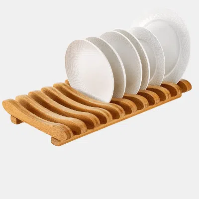 Vigor Bamboo Dish Drying Rack, 10 Slots Bamboo Cabinet Plate Stand Dish Drainer Wooden Plate Rack Pot Lid In White