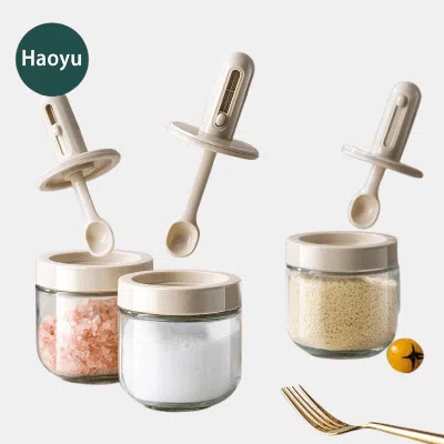 Vigor Glass Salt Container Spices Jars With Retractable Spoon And Airtight Cover For Keeping Table Sugar, In Neutral