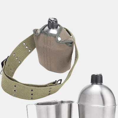 Vigor High Quality Stainless Steel Canteen Military With Cup And Green Nylon Cover Waist Belt For Camping  In Multi