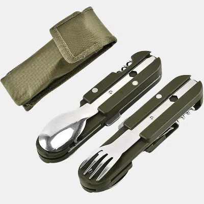 Vigor Multipurpose Outdoor Tools Spoon And Fork Set Can Opener With Bag In Green