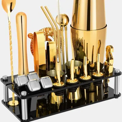 Vigor Perfect Party Boy Gift 23-piece Stainless Steel Bartender Kit With Acrylic Stand & Cocktail Recipes In Gold