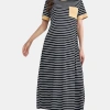 VIGOR SOFT COMFY MAXI DRESS SHORT SLEEVE ROUND NECK LOOSE FIT STRIPED PREGNANCY EASY BREAST FEED