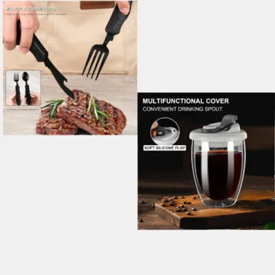 Vigor Steel Foldable Spoon Fork Knife Bottle Opener & Glass Coffee Mug Pack In Transparent