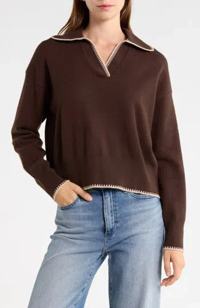 Vigoss Blanket Stitch Collared Pullover Sweater In Brown