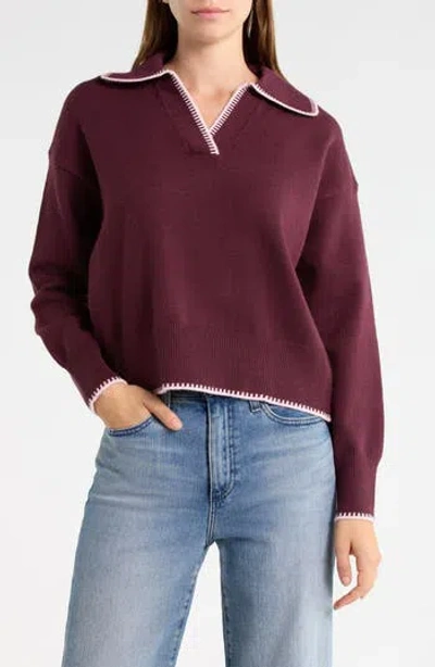 Vigoss Blanket Stitch Collared Pullover Sweater In Burgundy