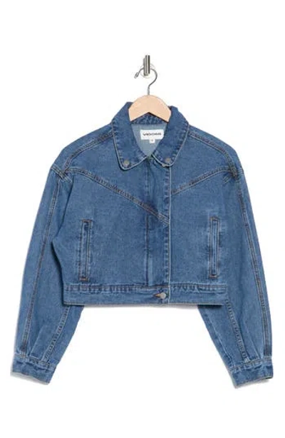 Vigoss Crop Denim Moto Jacket In Medium Wash