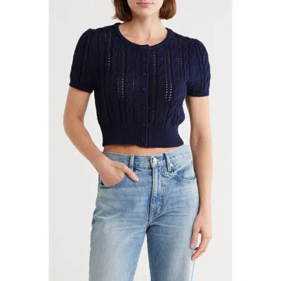 Vigoss Crop Pointelle Short Sleeve Cardigan In Blue