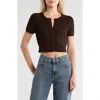 Vigoss Crop Pointelle Short Sleeve Cardigan In Brown