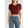 Vigoss Crop Pointelle Short Sleeve Cardigan In Burgundy