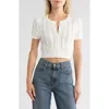 Vigoss Crop Pointelle Short Sleeve Cardigan In Sand
