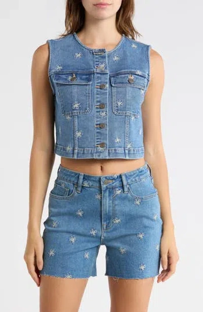 Vigoss Daisy Embroidered Denim Vest In Blue