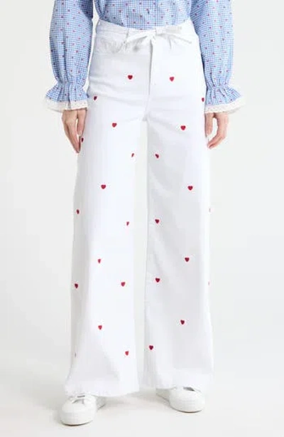 Vigoss Embroidered Heart High Waist Wide Leg Jeans In White