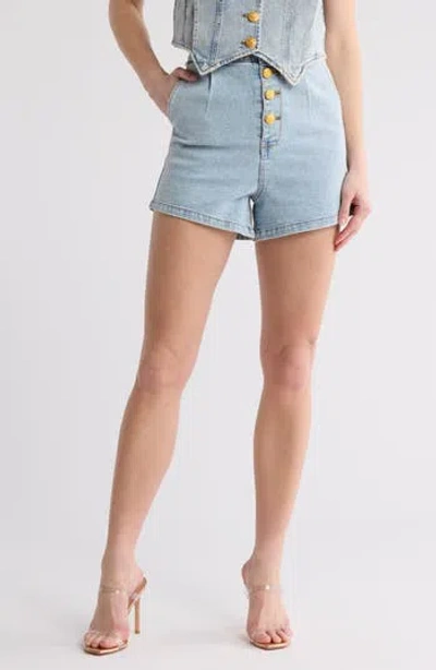 Vigoss Exposed Button Pleated Denim Shorts In Lightwash