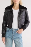 Vigoss Faux Fur Collared Faux Leather Dad Bomber Jacket In Black