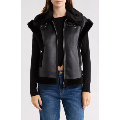Vigoss Faux Fur Trim Faux Leather Moto Vest In Black