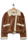 Vigoss Faux Shearling Lined Moto Jacket In Brown