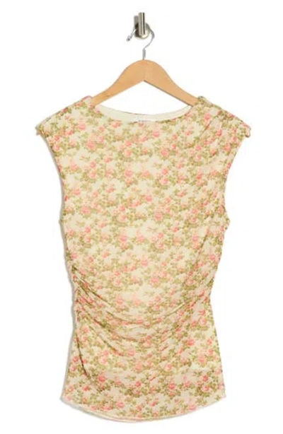 Vigoss Floral Ruched Mesh Top In Green