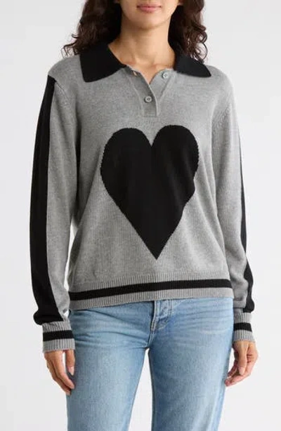 Vigoss Intarsia Heart Cotton Polo Sweater In Gray