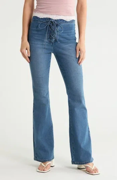 Vigoss Lace Up High Waist Flare Jeans In Med Wash